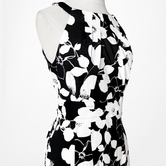Roz Ali Black White Floral Pleated Flared Knee Length Cocktail Dress Size M - Picture 6 of 7